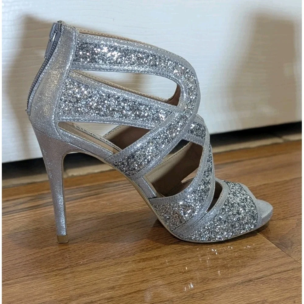 Y2K Glam Steve Madden Immence Silver Glitter Caged Stiletto Heels 7